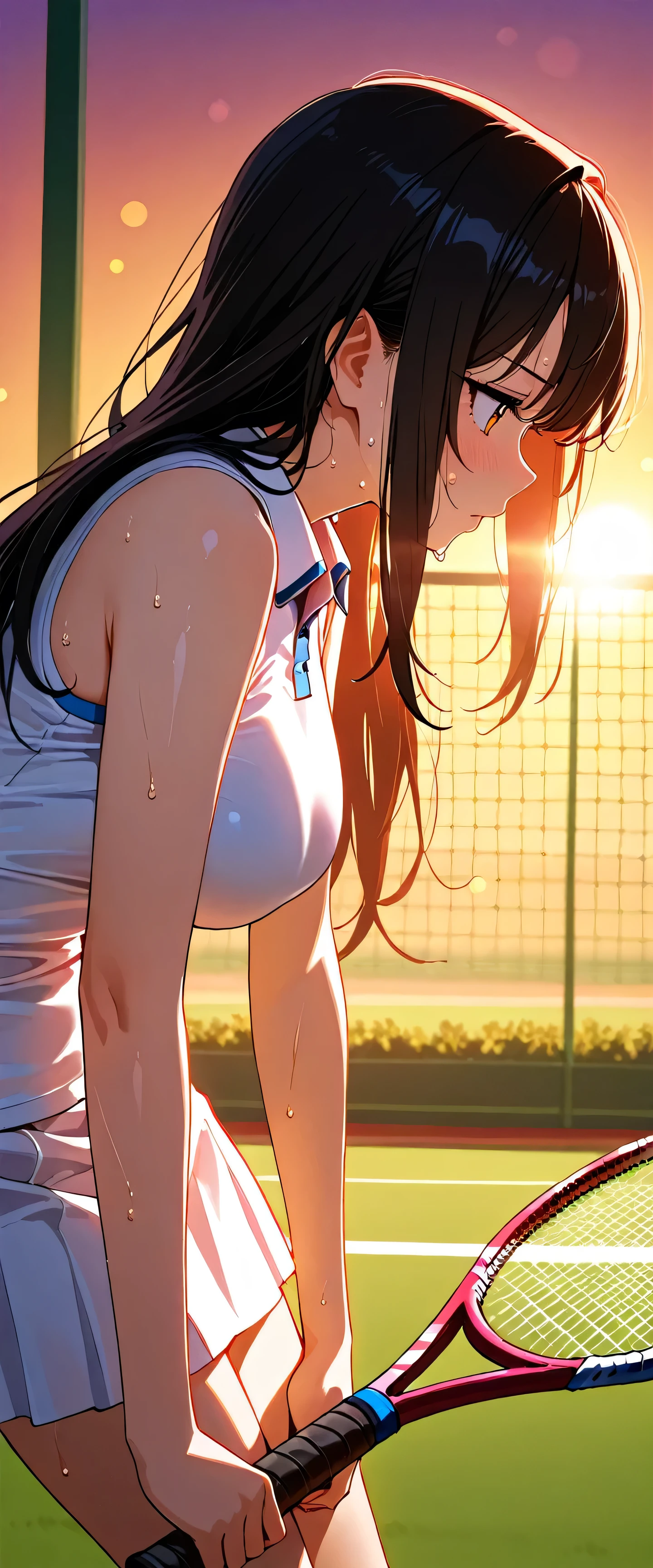 1girll,tennis player,s the perfect face,crisp breasts, Convex buttocks,Tattooed with,White sports short sleeves,Short white pleated skirt,White sport socks,White tennis shoes,Wet hair,High ponytail,body soaking wet,Swing the paddle,tennis court,Sunnyday,Clouds, Detailed background, Clothing details, perfectly proportioned, filmgrain, Fuji colors, lightand shade contrast, tmasterpiece, high detal, high qulity, A high resolution, Cinematic lighting, 8K, Textured skin, Super detail