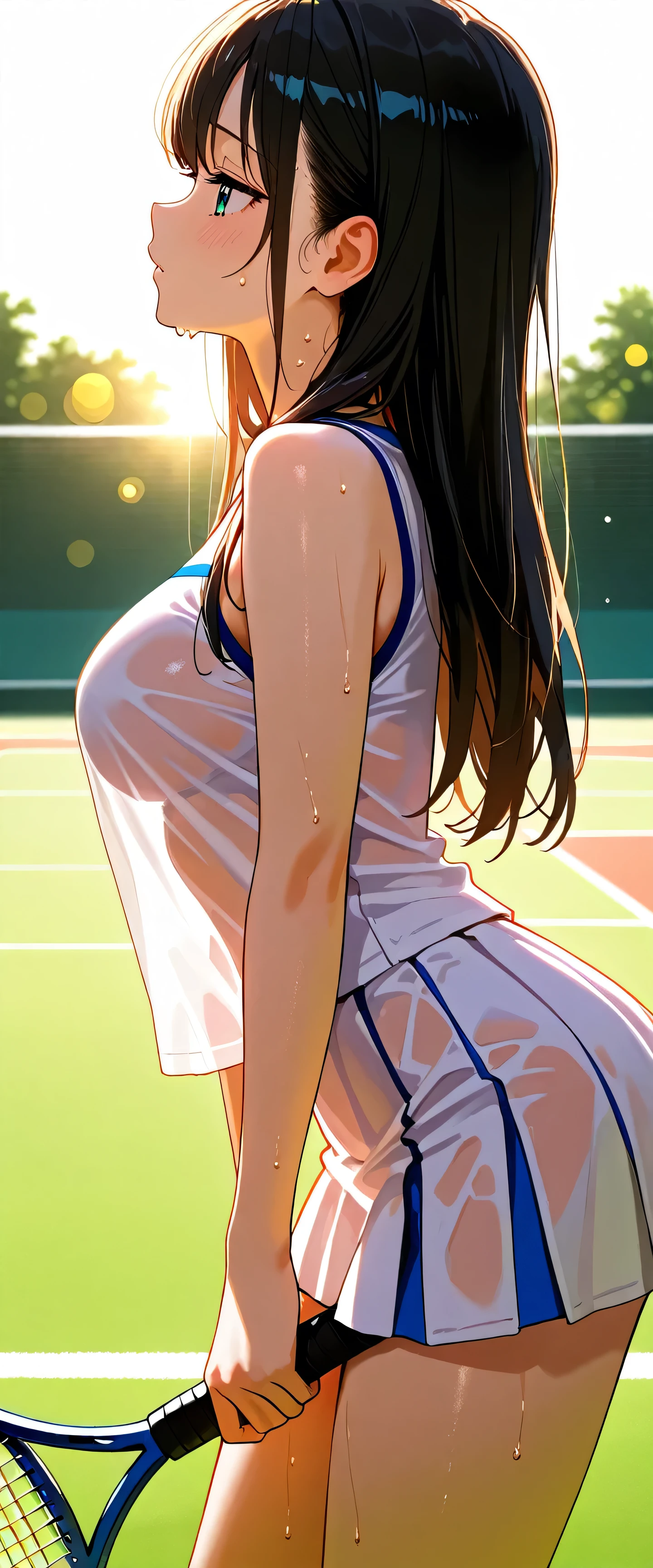 ((table top, highest quality, High resolution, perfect pixel, 4k,)), 1 girl, single, alone, Beautiful woman、I could see the whole body、 ((short wavy hair, bangs, brown hair)), ((brown eyes, beautiful eyelashes, realistic eyes)), ((detailed face, blush:1.2)), ((smooth texture:0.75, realistic texture:0.65, realistic:1.1, Anime CG style)), medium breasts, dynamic angle, perfect body, ((white tennis wear、White short-sleeved shirt with collar、pink ruffle skirt、white tennis shoes、The wind flips my skirt、floral lace panties、、see through nipples))、Tennis court、、Very embarrassing panic smile、、、、my chest is wet、