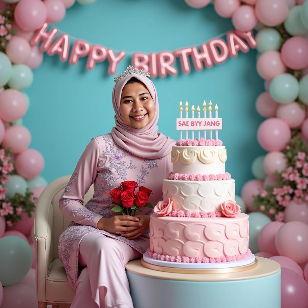 professional photography of the birthday celebration of a 30 year old Hijab woman wearing a beautiful party dress, sitting on the grass filled with balloons and birthday decorations with the number 30 and the words "Happy Birthday Diana Marsellya", there is a birthday cake that says "Happy Birthday 30th ", he is happy and smiling, indoor background with birthday decoration backdrop, long distance shot with 800mm lens, high quality photo