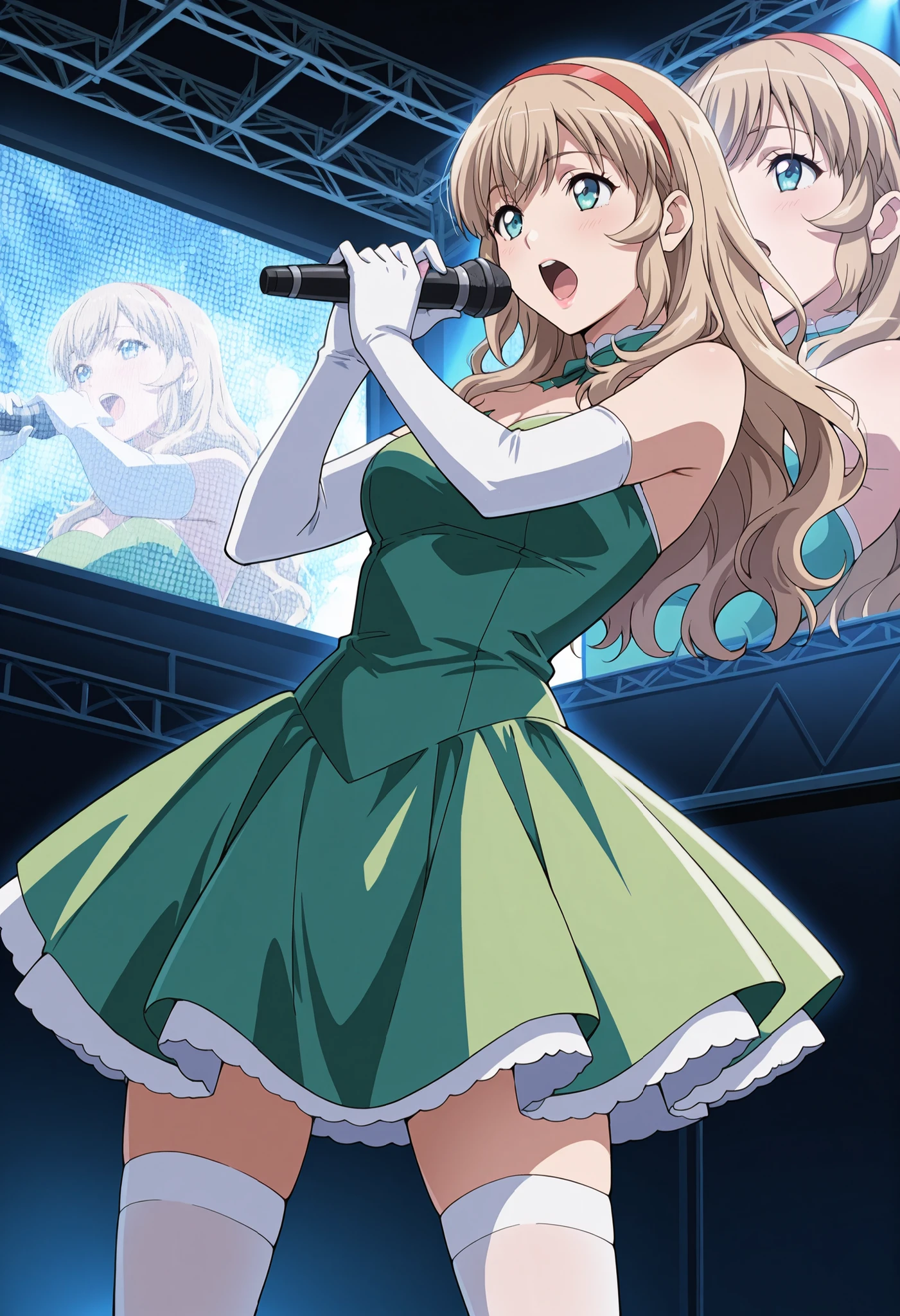 Score_9, score_8_up, score_7_up, source_anime, sonken chuubou, solo, long hair, light brown hair, wavy hair, red hairband, sidelocks, aqua eyes, (best quality), (high quality), {masterpiece}, extremely delicate and beautiful, ultra-detailed, beautiful detailed eyes, idol, idol costume, green dress, white elbow gloves, white thighhighs, holding microphone, on stage, screen, multi colored light, dynamic pose, singing, pink lips, open mouth