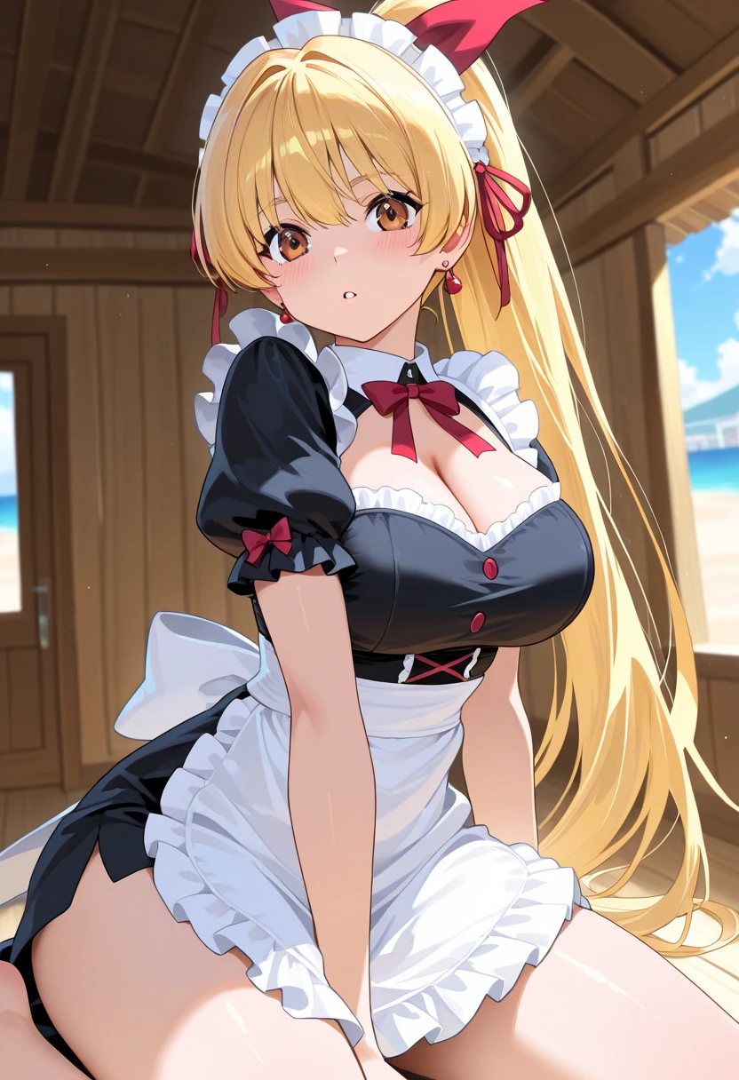 masterpiece, best quality, highly detailed, ultra high res, ayase arisa, 1girl, solo, blue eyes, hair ornament, blonde hair, long hair, blush, glossy lips, maid, short skirt, maid apron, cleavage, (quicksand:1.3)