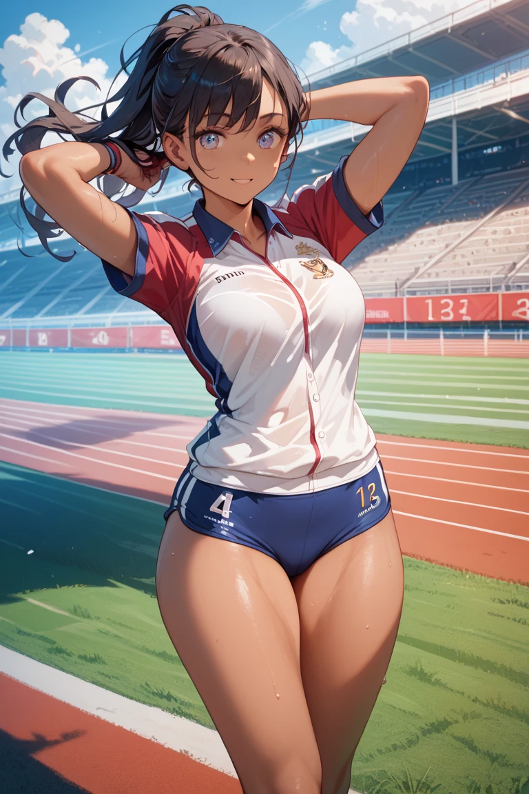 Woman doing athletics,(Highest quality,Extremely detailed depiction,Incredibly absurd high resolution,Anatomically accurate depiction),(Glowing Skin,Shiny skin,Sweat,Large Breasts),Long Jump,SFW:1.5,background:Athletics Stadium