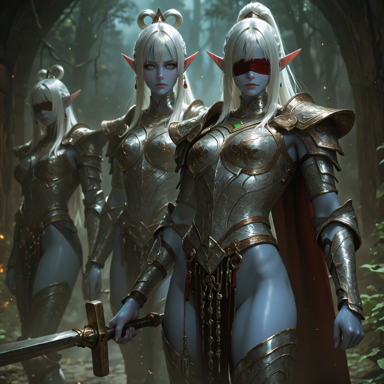 Create an image with 3 women in armor, a white elf sorceress, a white human knight and a green goblin archer