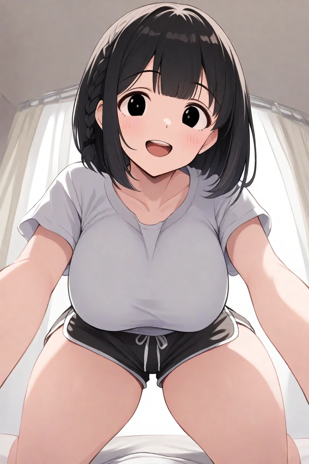 Completely naked、A little chubby, normal build、young japanese woman。The face is round and slightly red..、hair is bob、eyes are black、Breasts are B cup、areola is small、squatting down、little pubic hair。The anus is light brown in color.。A dildo is inserted into the genitals。