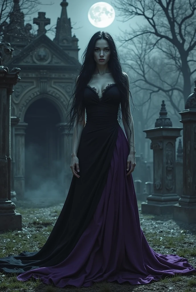 A woman with red eyes and black hair, wearing a midnight purple dress in a cemetery 
