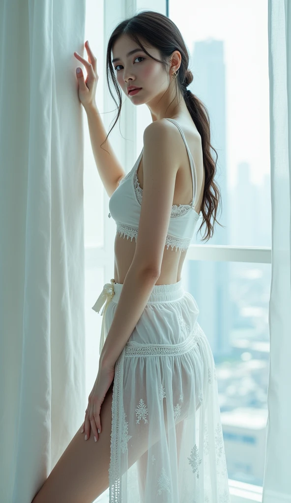 8k、High-definition skin quality、Background Blur、Caucasian 14 year old girl、super high quality、Fair-skinned beautiful girl、Young Breasts、Small cleavage、Adult atmosphere、high resolution skin、Fair and beautiful thighs、Young face、Innocent face、Hair tied up、Off-the-shoulder bare top、Lace mini skirt、Open your mouth、Glossy lips、Bare healthy legs、Bare buttocks、Well-formed legs、On the bed、Particles of light(1.3)、Shooting from behind