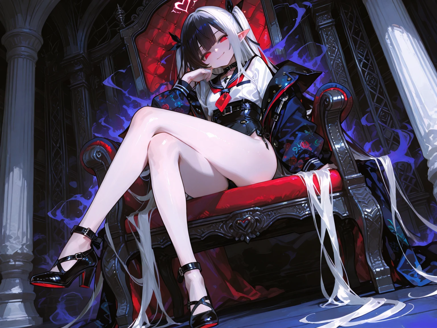 black lence stockings，high-heels，sitted，opening legs，is shy，Transparent underwear，soaking wet，Liquid runoff，red eyes，Arrogant，succubi，The demons，Stick out your tongue，Bad laughs，Translucent panties，female genital，Open the
