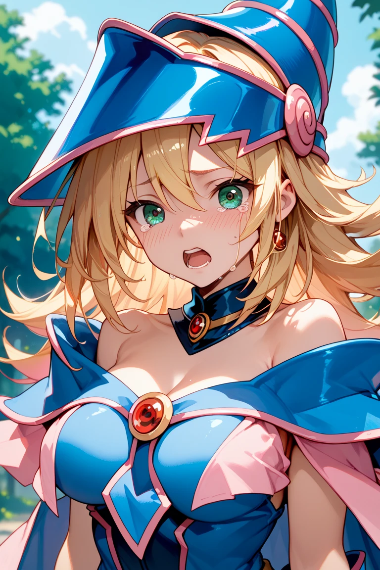 Very detailed、of the highest quality、Better image quality、masterpiece、8k、anime face、a kind smile、open the mouth、blonde hair color、black magician girl
