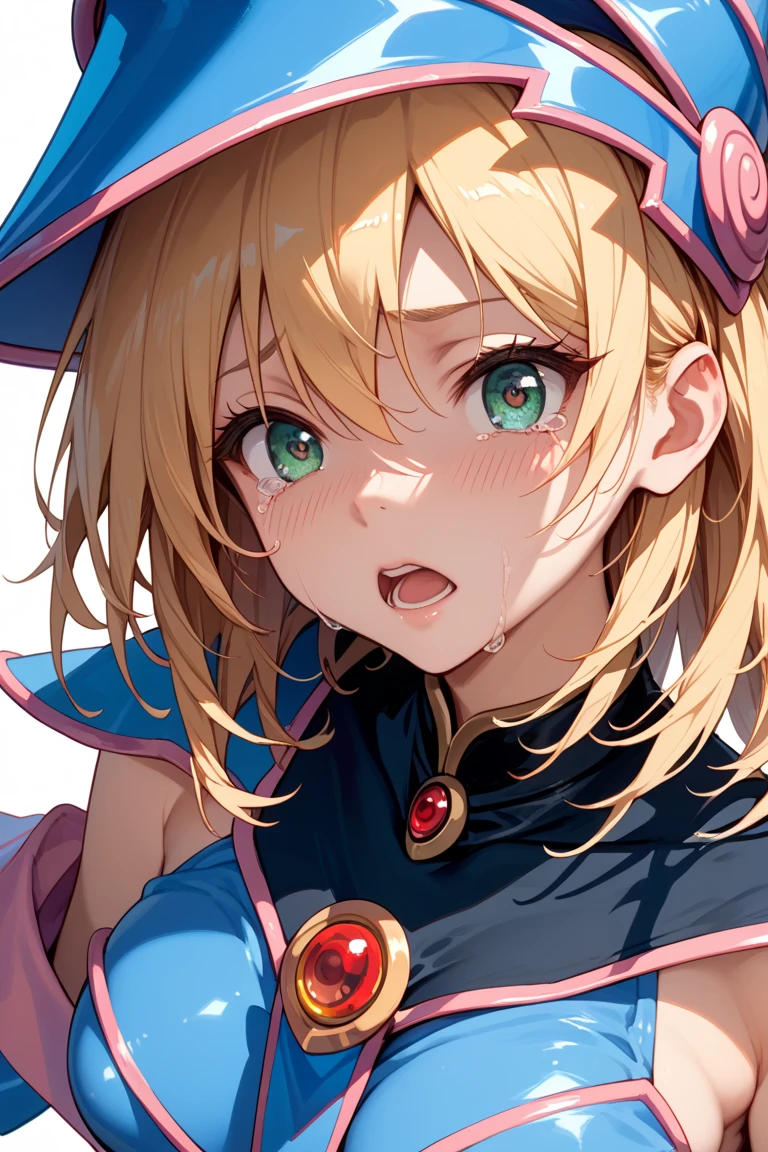 score_9, score_8_up, score_7_up, best quality,  zPDXL2, BREAK   1girl, blush , , half-closed eyes, rolling eyes, [clenched teeth|open mouth|tongue out], dark_magician_girl, close-up, Standing with one arm extended