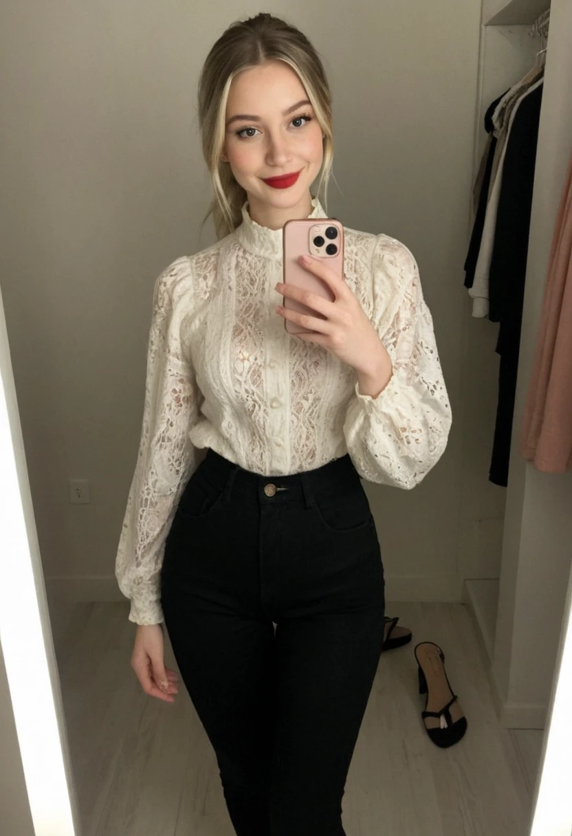 Full body selfie of blonde Russian woman, pele branca rosada , 1,55 meters tall 20-year-old appearance, straight blonde hair and very long, straight yellow blonde hair, Straight hair tied at a ponytail, heavy makeup with vibrant red lipstick and with black eyeshadow and black eyeliner, mulher muito bonita, linda, busto grande farto, athletic body defined curves. She is wearing a black coladinha long sleeve blouse and glued black jeans and wearing sandals high heels. She is posing for the photo standing and full body in a clothing store fitting room taking a selfie, natural nighttime lighting — slightly overexposed in some areas, sombras suaves, with realistic natural light. The overall photo should look low resolution, like a casual Instagram post realistic skin, visible pores, natural imperfections and realistic texture and hair movement. Avoid overly polished or artificial visuals. with realistic skin texture, visible pores, minor imperfections, realistic human skin with natural texture, visible pores, subtle imperfections, slight variations in skin tone, soft and natural lighting, without artificial shine ; realistic hair with natural movement, leve frizz, individually visible hair, reflections and natural shadows, without a plastic or too smooth appearance , in a spontaneous style typical of Instagram photos, sorrindo, looking as natural and as good as possible on Instagram, ambiente noturno, night lighting quality, vista de lado, sorriso bonito, smiling cheerfully and happily, sorriso grande, dentes bonitos