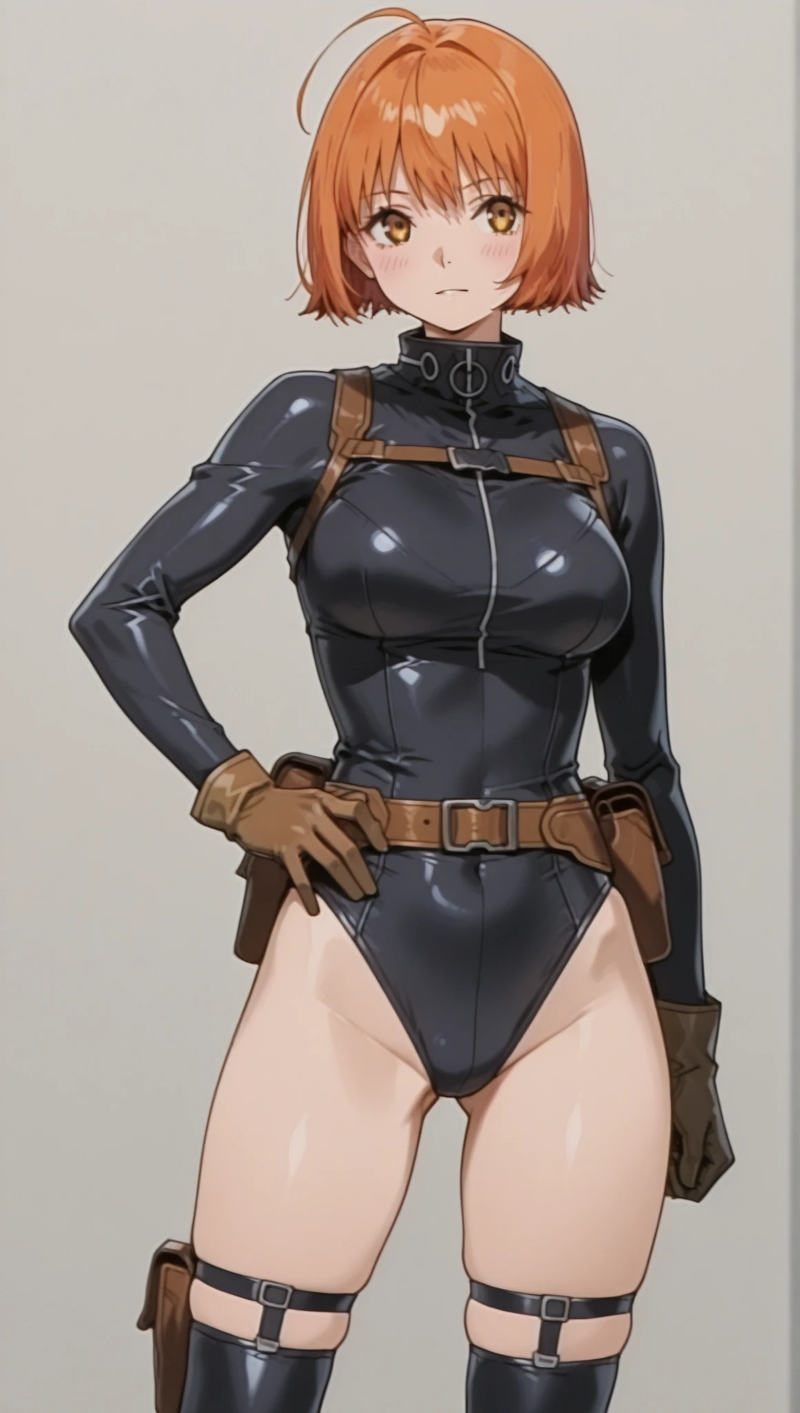 score_9, score_8_up, score_7_up, BREAK 1girl, solo, breasts, kirijoarena, hair over one eye, fur coat, black bodysuit, black gloves, belt