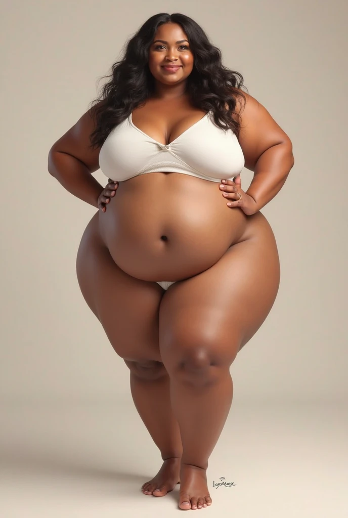 A black woman, her breasts are round and big, her ass is huge and she has a water hose connected inside, meaning it is inside her ass and is inflating her belly.