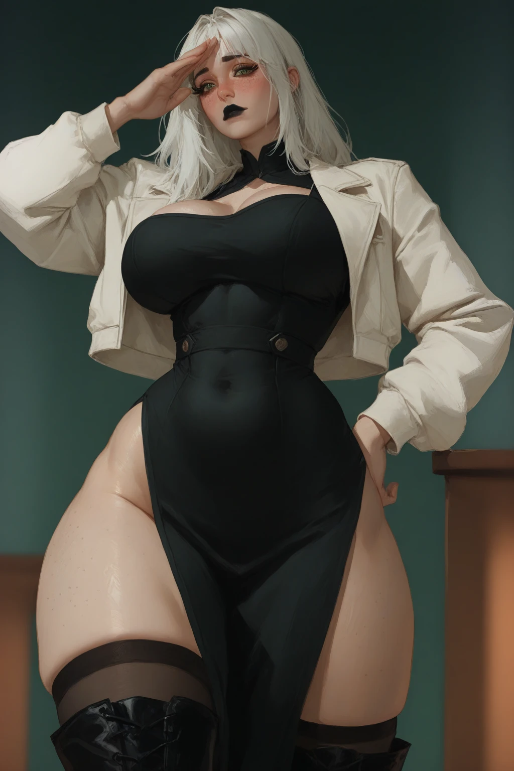 (masterpiece:1.2), (best quality,:1.2), 1girl, medium breasts, long hair, blonde hair, standing in the small alley, smiling, showing breasts,
 <lora:oversized_jacket01:0.5>, wearing oversized_jacket, black jacket, (exotic white bra, white thong:1.2), cameltoe, muscular, 
night time, dark environment,