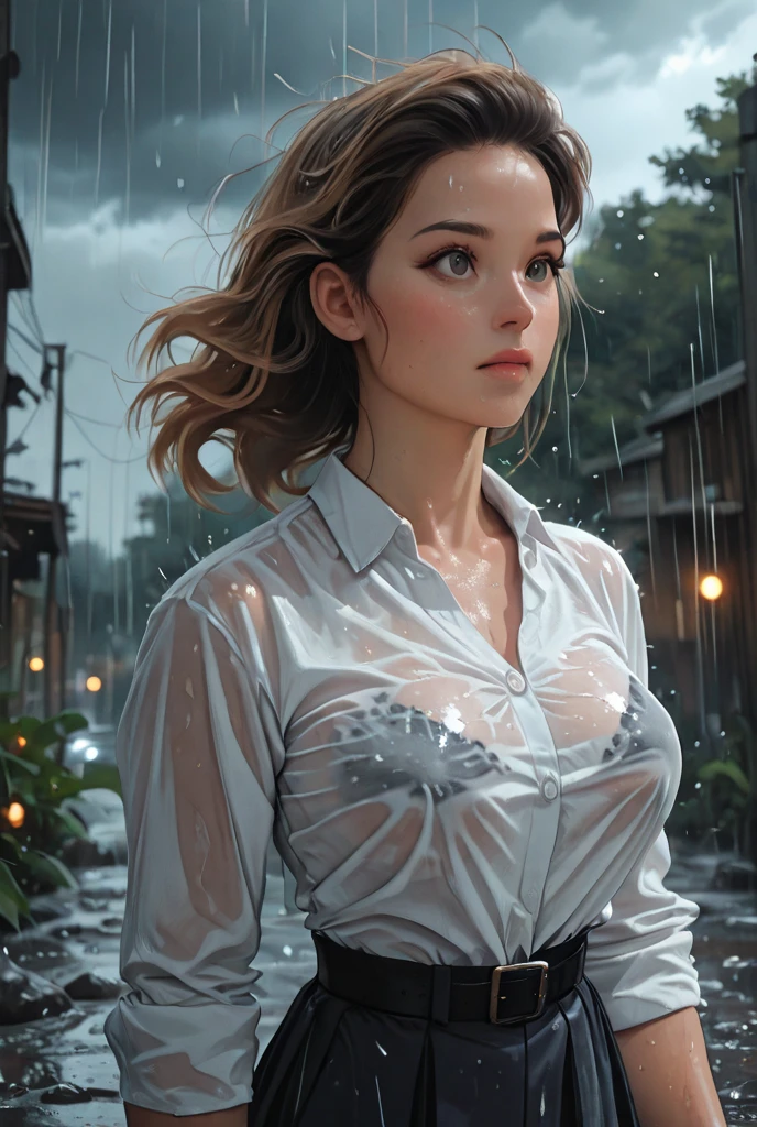 ((Stoya holding an umbrella handle:1.1))、(raining:1.4)、in the city、Close and distant views、(Highest quality、4K、8K、High resolution、masterpiece:1.2)、Super detailed、(Real、Photorealistic、Photorealistic:1.37)、Detailed、Beautiful sky、gloomy、Calm atmosphere、cloudy、Detailed midriff、sexy、Quiet landscape、erotic、