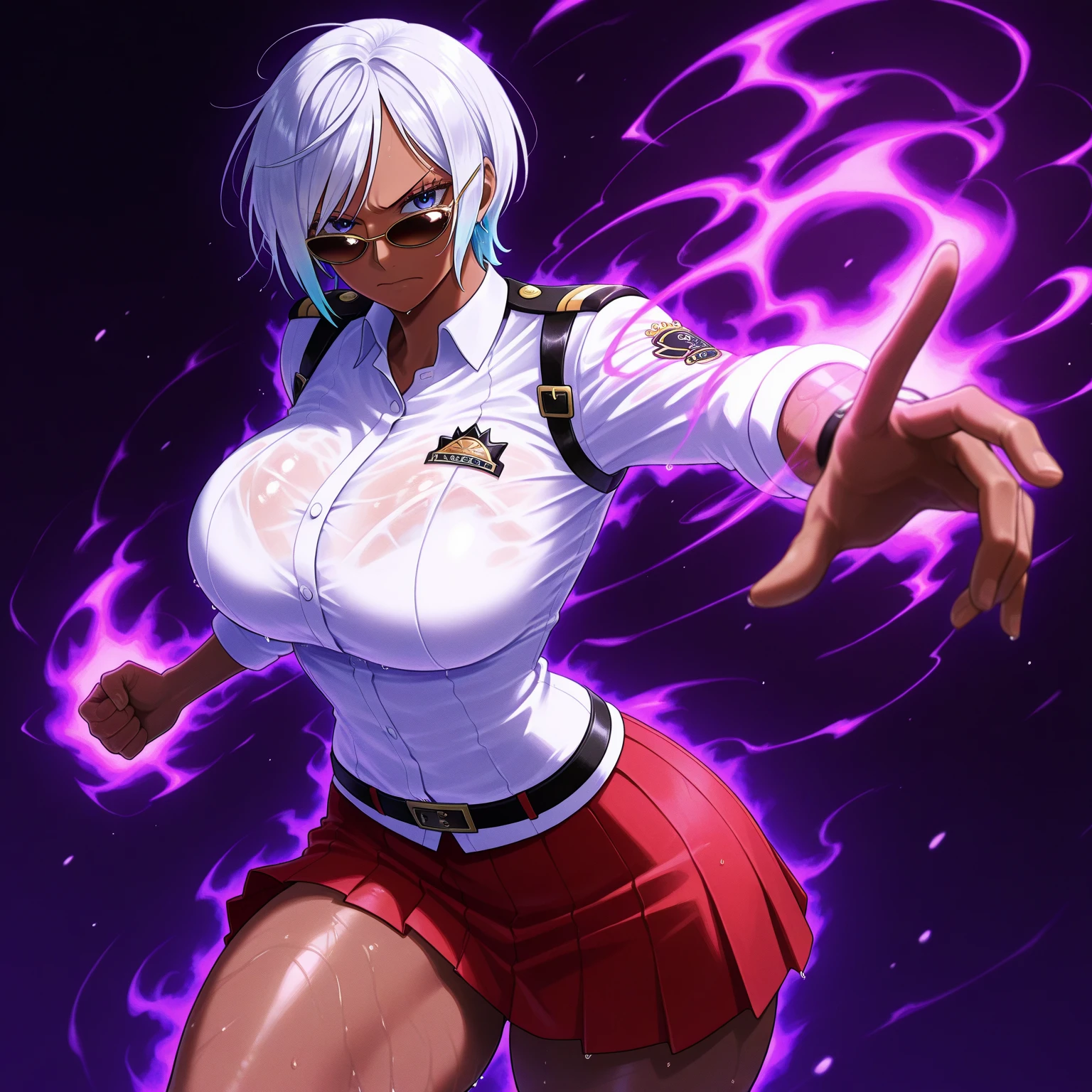 ( best quality, high quality, highres:1.4), detailed, extremely detailed, ambient soft lighting, 4K, beautiful, (masterpiece:1.2), (best quality:1.2), perfect eyes, perfect face, perfect lighting, <lora:NakedVest:1> mature female, milf, huge breasts, beach, abs, muscular female, multicolor hair, perfect face, cowboy shot,open vest, naked vest, 8k, raw, soft lightning, areola slip:1.2, red eyes, shiny skin, armpits, arms behind back, breasts focus, close-up, blue eyes, ultradetailed eye. looking at viewer, naughty face,
