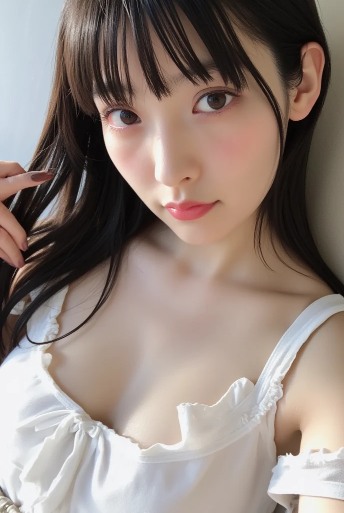 Black-haired woman.、a processed photo with an emo feeling、You can see a little of the face、standing in front of the mirror、Japanese、beautiful、cute、G Cup、The chest is emphasized、laughing、Too cute clothes