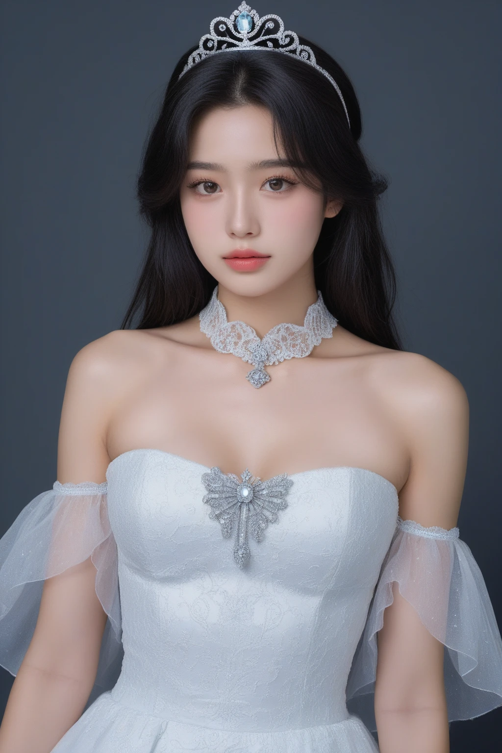 high quality、High resolution、masterpiece、sharp focus、realistic、photo-realistic、RAW photo、cinematic lighting、Photorealistic portrait of stunningly beautiful woman、slight smile、brown eyes、Natural textures、rich colors、ultra realistic texture、cowboy shot、Chignon's hairstyle、short black hair、glowing skin、light smile、(Small breasts:1.1)、Off-the-shoulder white wedding dress、Snow White Veil、choker、silver tiara、necklace、earrings、highly detailed face、fine eyes、looking at the viewer、Luxurious rooms in the palace、focus on face、detailed hand drawn、Detailed chest depiction, sexy belly
