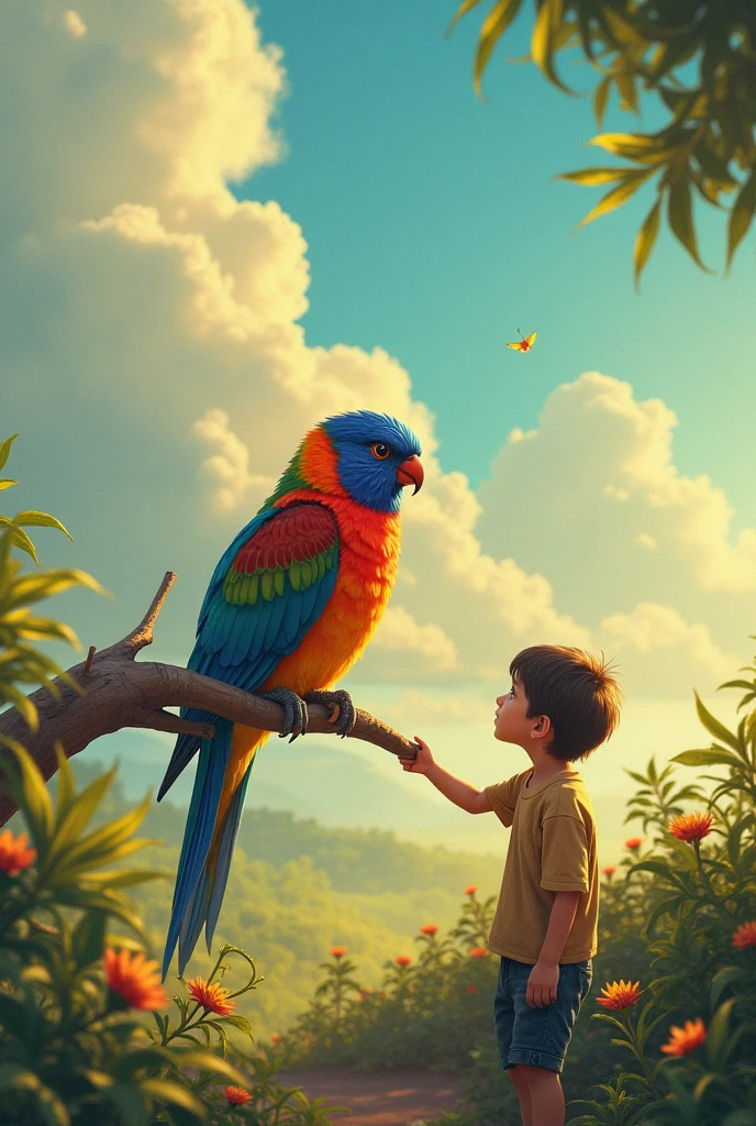 Suddenly a boy was sitting under a tree eating some food. Then suddenly a bird came and sat on his shoulder. Then the boy saw the bird and gave it some food. Then the bird ate and gave the boy a golden ring. The boy was very happy to get the gold ring.