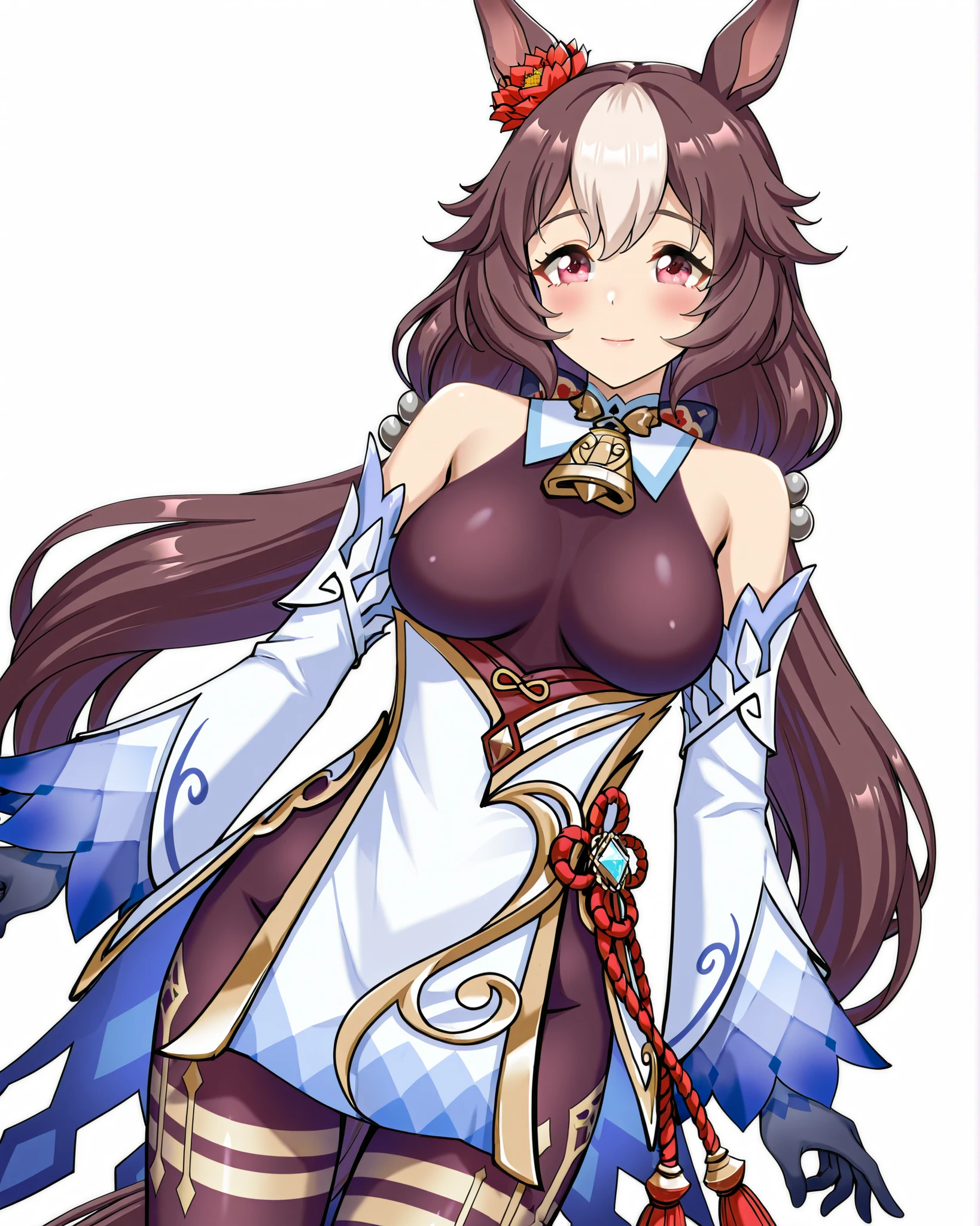 yamanin zephyr(Uma Musume),Uma Musume, solo, [Super beautiful CG], [Highly Detailed CG],[top quality], [Super Detailed], [CG illustration], [high resolution], [extremely delicate and beautiful], [super fine illustration],  very detailed skin, Medium Breasts, Ganyu( Genshin) cosplay, Horse Tail, 