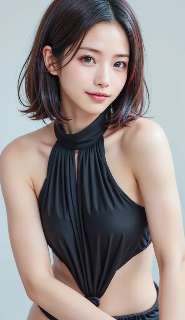 (Highest quality, Very detailed, masterpiece:1.2), 1 women, Very thin body, length, Thin legs, ((Black wavy short hair:1.2)), ((Thick and fluffy bangs)), Very detailedな顔,A faint smile, small, Thin Nose, small thin mouth, Extremely sharply focused eyes, Japanese, Beautiful Face, Realistic eyes, Beautiful and beautiful eyes, Realistic Skin, Beautiful Skin, charm, (A vivid face), Beautiful Hairstyles,((Victorian style black and gold bikini)), Gothic design,Creepy and unique hairstyles,下からのアングル, High resolution, Vibrant color palette, Mysterious and mysterious stone wall, Amazing place,Characteristic dark shadows and strange details, background, Backwards