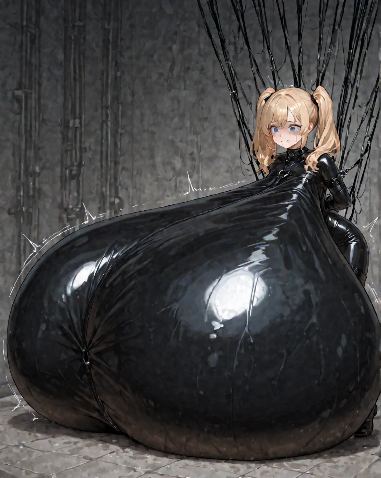 Sexy blonde teen is suspended in the air，Showing a scared expression，seios grandes，Sexy transparent black swimsuit，On the floor was an iron basin filled with white mud.，lesbian full body