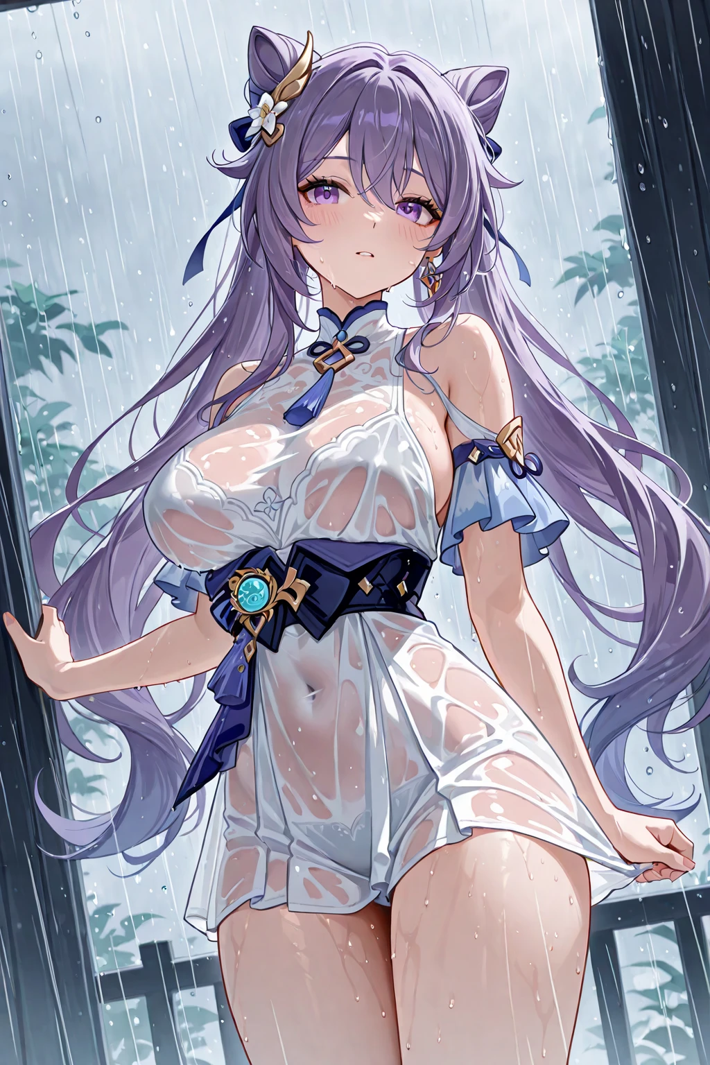 Keqing,Wearing home clothes(Wearing only underwear),Larger breasts,Draw out the details,White lingerie,Lingerie translucent,Split the word horse upwards