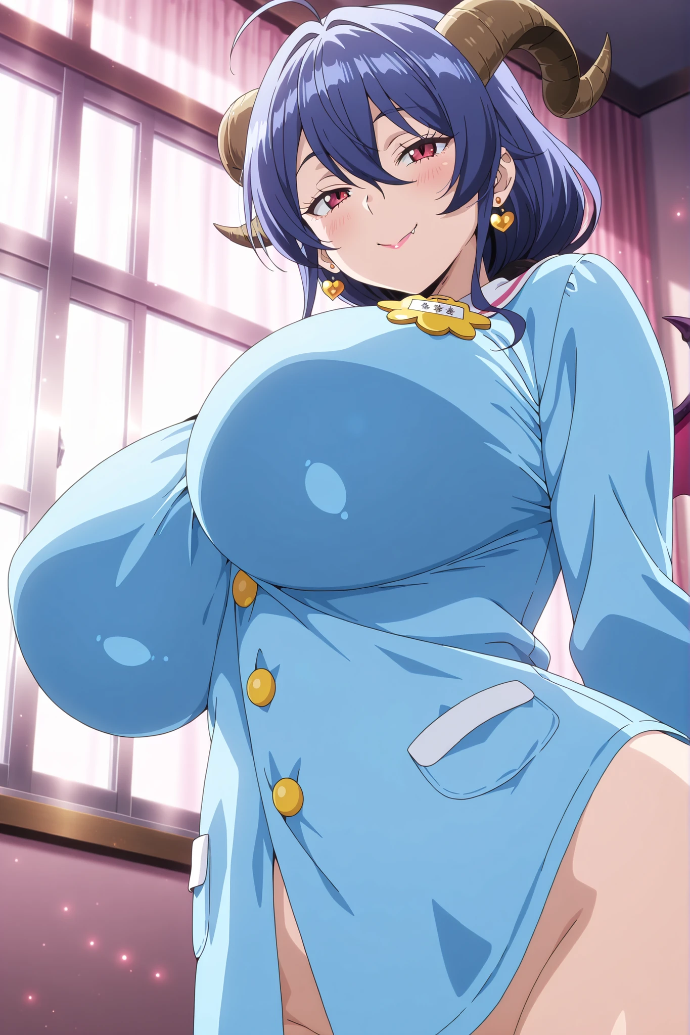 ((Tabletop, Highest quality, High resolution, Pixel Perfect, 4K, Browsing Caution)))、1 Girl, Beautiful woman、((Muscular))、((Bobcut、Blunt Bangs、Black Hair)), ((Yellow Eyes、Both eyes closed、Beautiful eyelashes, Realistic eyes)), ((Detailed face, blush:1.2)), ((Smooth texture:0.75, Realistic texture:0.65, Realistic:1.1, Anime CG Style))、Big nipples、((Huge breasts、Swollen nipples、Thick thighs)), Perfect body、Office room at night、Window、((((:d、blush))))、((Sweat、Steam from armpits))、(Place your hands behind your head、Underarm)、(Navy Blue Leotard)、Police Hat