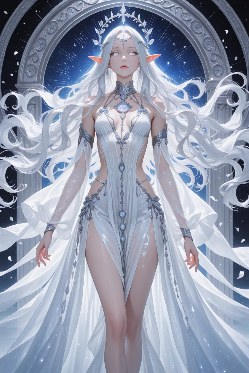 wood, Detailed mini ice spikes and crystals, Frozen waterfall as background, Light reflected on ice crystals, Flowing snowflakes.Beautiful woman、white hair、cutegirl,Realistic people,black dress
