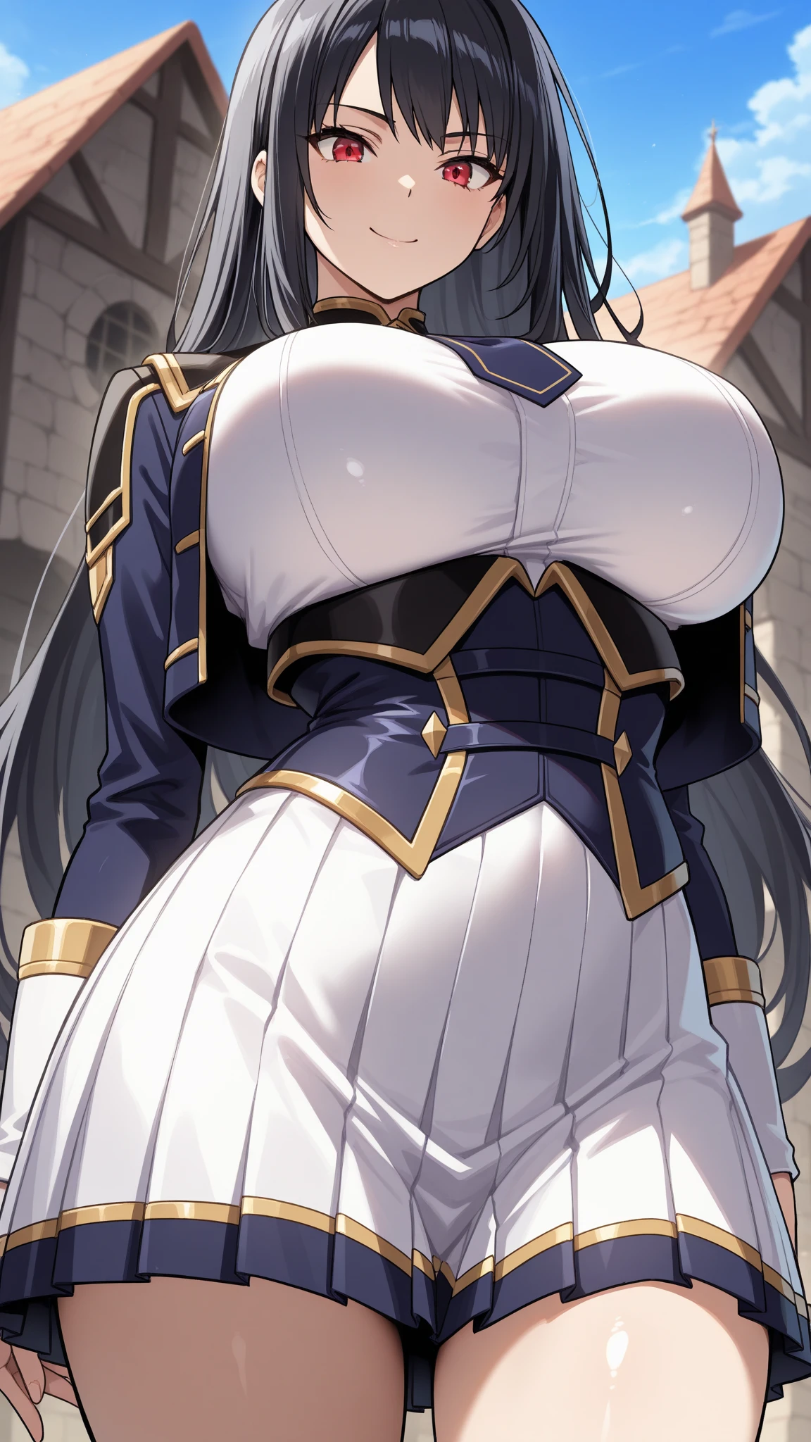 Sonia Blanche, cross earrings, hair ornament, veil, armored dress, pauldrons, breastplate, gauntlets, belt, skirt, greaves, (white beret), 1girl, solo, upper body, big breasts, facing viewer, looking at viewer, smile, blush, close-up, blurry background