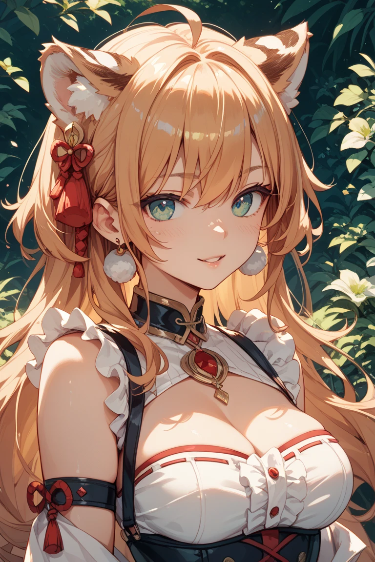 (2girls:1.5), (closeup body: 1.4), (cleavage: 1.1), (minigirl much smaller than a giantess girl: 1.4), (adventurers: 1.2), (giantess: 1.2), (height difference: 1.8), (size difference: 1.4), (minigirl:1.2), catgirl, fluffy ears, :3,AKAI_HAATO,bronde_hair,light_blue_green_eyes,1_beautiful_girl,cute_face,red_ribbon,beautiful,best_quality,good_anatomy