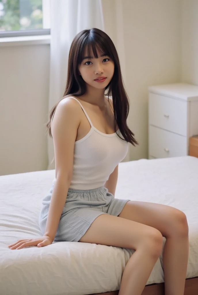 1 girl , realisticlying, best qualityer, Lie down in bed((Eye makeup))((((short skirt)))),((sandals))(((Low-cut clothing)))((Spread your legs to reveal your panties))(((Happy expression: 1.8)),full bodyesbian, (Larger chest), Twinkle, (20yr old), ((Slimmer figure: 1.5)), (((tee shirt: 1.5)))), ((Nice hairstyle: 1.5)))),((((ankle)))),((((Toes))))