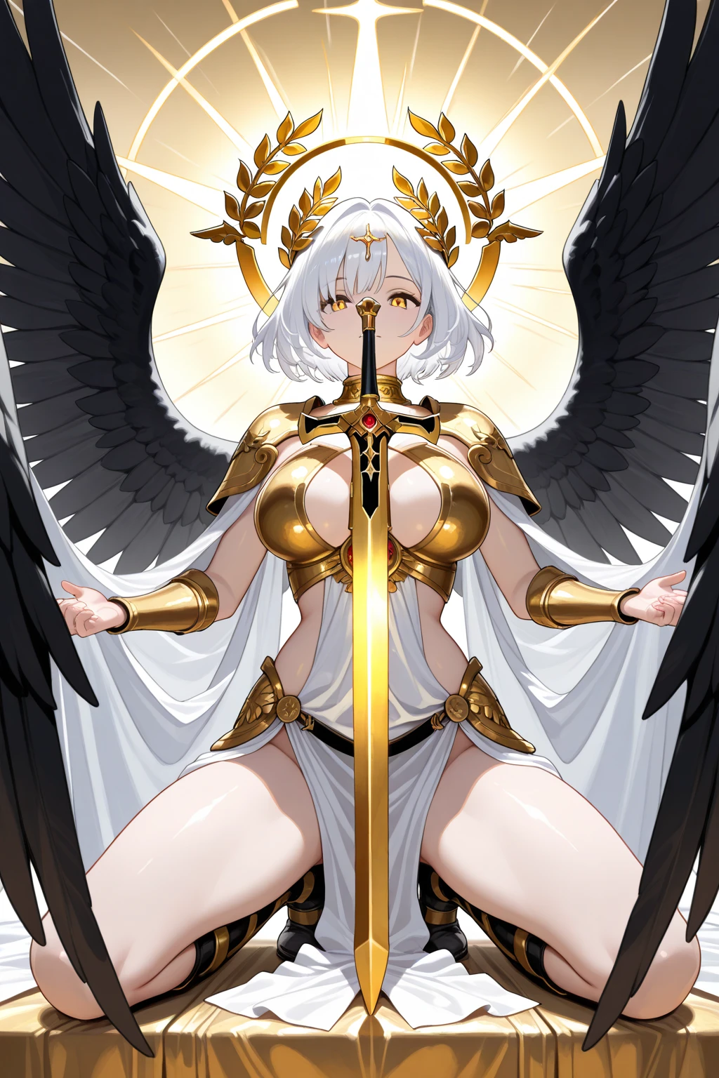 fantasy, 1angel_girl,young_teen, ,silver_hair, short_hair, long_bangs, halo,bare_shoulder,thighhighs,silver_armor, waist_armor, large_breasts,half_eyes,1pair_wings, dynamic_pose_fighting,floating, bare_crotch, headgear,gauntlet, greaves,city_background,slightly_spread_legs, solo, groin_naked,tan_skin,hair_over_one_eye,