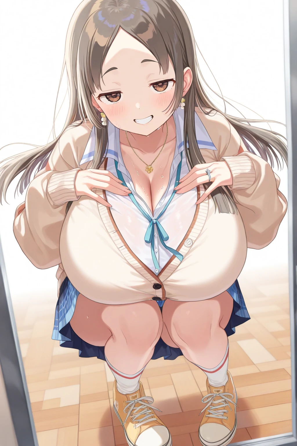 masterpiece, (little girl:1.5), 6 years old, (oppai loli:1.3), smile, (completely nude:1.3), (disproportionate huge breasts:1.3), standing, classroom.