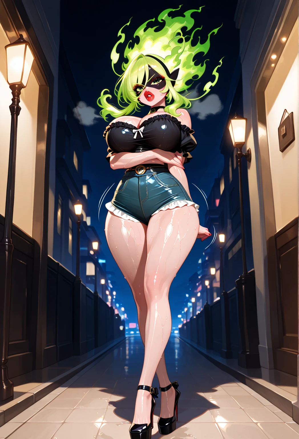 (high res, 8K, masterpiece, looking at viewer, best quality, very aesthetic, ultra detailed, ultra background, ultra Eyes) intricate details, 1girl, Tatsumaki, Dark Bunny Suit, Rabbit tail, rabbit ears, Stockings, green short hair, green eyes, Angry face, Standing holding poker cards, Background Windows, City, Bedroom, Cinematic Angle