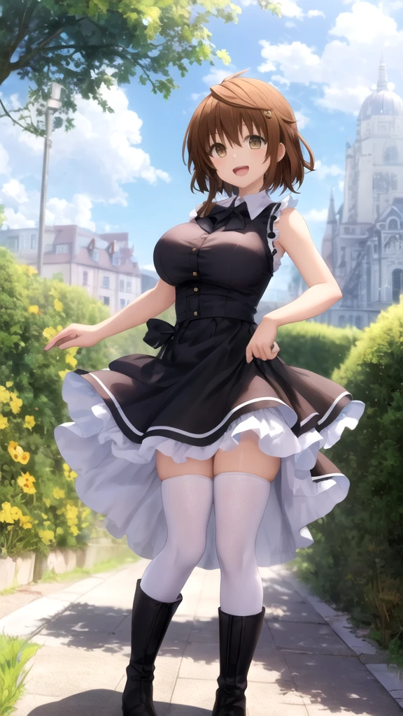 muste piece、masterpiece、highest quality、Super detailed、High resolution、8K portrait、High definition CG of Unity 8k wallpaper、cute type little:1.5、Lori:1.5、Highly detailed CG unity 8k wallpaper、Realistic、real person、 portrait photography、shiny skin、High definition、(16 years old:1.2)、(1 girl)、beautiful clear eyes、extremely detailed description、delicate face、nice lips、slender body、small breasts、thin waist、thin legs、(garden:1.6)、1 girl, cute type, perfect face, seriously, (blush:1.5),(brown hair bob hair:1.3),(small breasts:1.4),((1. Clothes Lift.3)),(I have nipples:1.2),(Maid clothes:1.3),(black dress:1.1),(looking at view),(from front),gran,((climax in vagina:1.5))