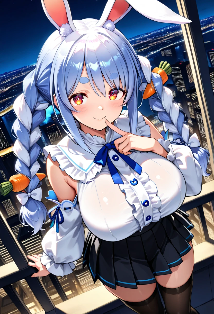Best Quality, hight resolution, absurderes, Ultra-detailed, Suzuya_(kancolle), 1girl in, long_hair, Skirt, Solo, Shirt, Rain, Wet_Clothes, hair_ornament detached, Wet, Underwear, pleats_Skirt, See-through, bowtie, Red_Bow、bbw、thick thight、big butts、Ultramammy