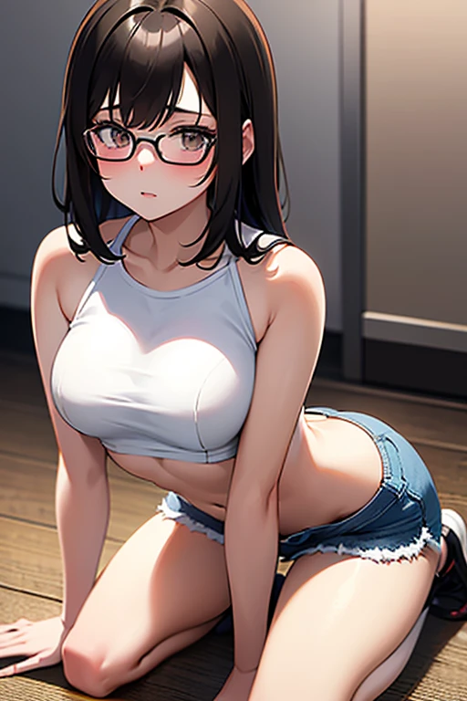 (masterpiece、top-quality、hight resolution、photos realistic、real looking skin:1.1)、Japan girl at 25 years old wearing glasses、full bodyesbian、(very small breasts:1.5)、Beautiful eyes、Shining eyes、embarrassed from、Short side ponytail、no bra、Chest Pochi、(Sheer white tank top:1.5)、is standing、(arms behind back:1.5)、(Bedroom at night:1.5)、(linen child panties:1.5)、nsfw