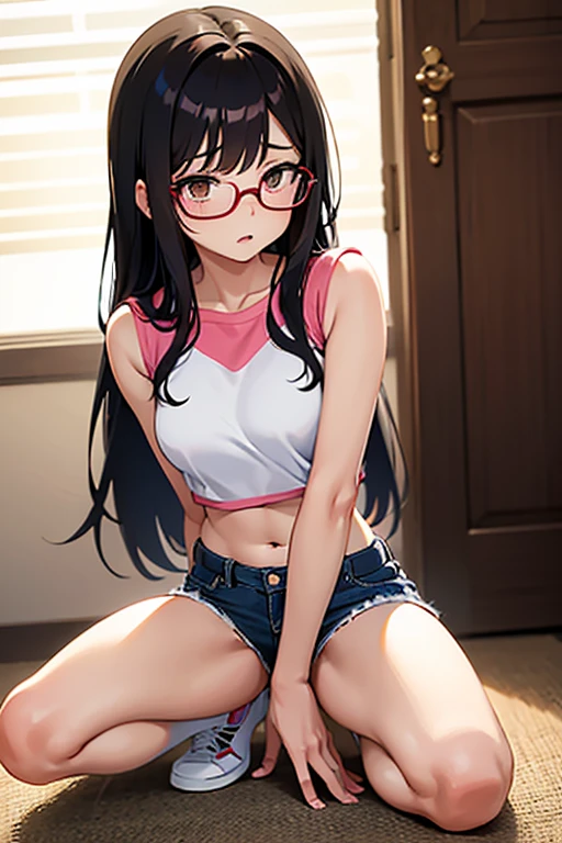 highest quality, Super detailed, shape,
1 girl, Glasses, black hair, long hair, black eye, , blush, looking at the viewer,
kaidan, stage, scenery, window, realistic, photograph background, photograph (Moderately) squat、embroidery panties、embroidered camisole、mini skirt、nipple
 