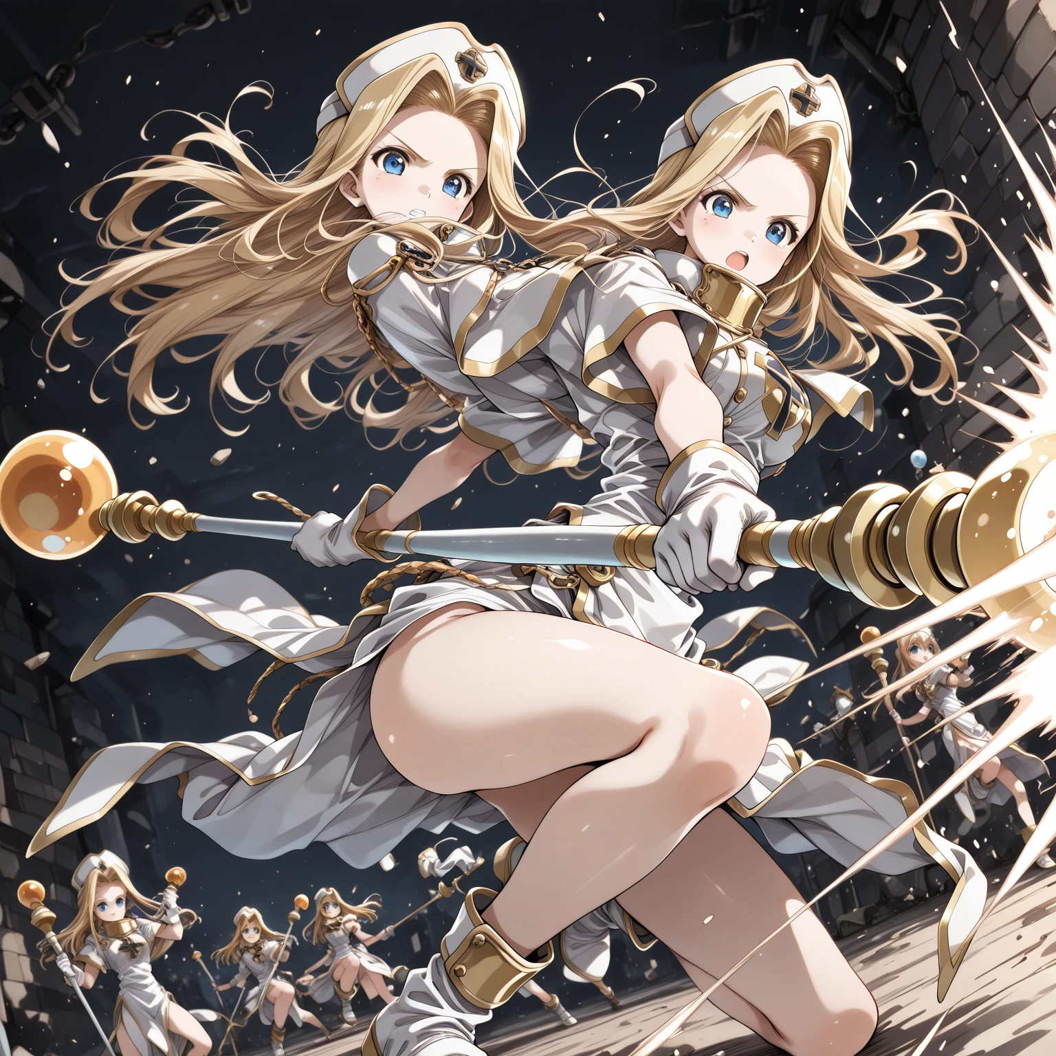 ​masterpiece、top-quality、(Blonde colored long hair、I have bangs:1.1)、(25 year old woman)、 (gold eyes:1.5)、(Big round eyes:1.5)、(Emphasis on the chest:0.5)、(modest smile expression:1.3)、(Staring:1.5)、(Close-up of the subject's face:0.5)、
golden flame wizard dress、wizard’s wand with red gem、flame wizard hat
five perfect and beautiful fingers、Bust Shot、
Alone、Open your mouth、Fearless smile、(middle Breasts:1.0)、(Glowing Skin:1.2)、(dynamic pose hand holding a sword gripping one Rapier in hand:1.3)、Uplifting、Have a rapier grip、midriff peek、Off the shoulder、(Camel toe)、