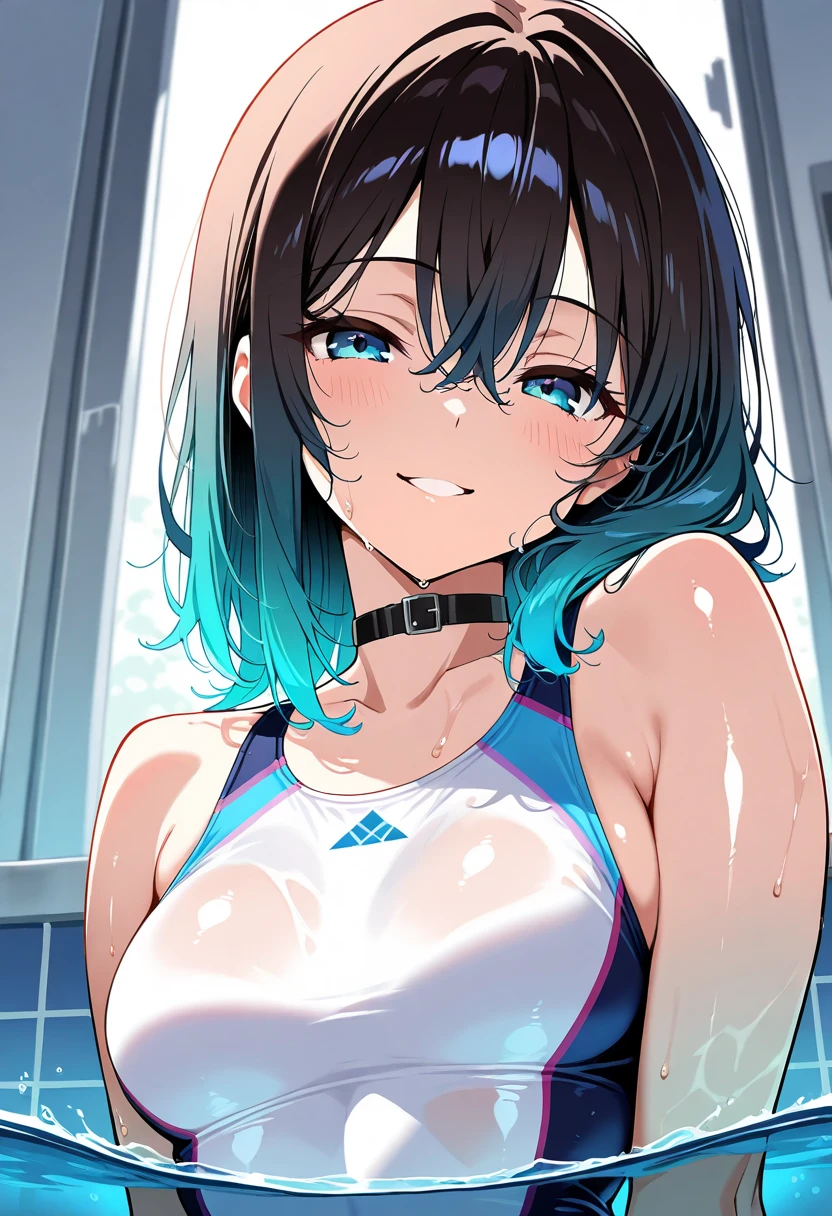 Soifon,Black Hair,Blue Eyes、Big Breasts、
break,Detailed design of competitive swimsuit(Pink and purple line design)、
break looking at viewer, whole body,
Dark gymnasium warehouse、Leaning against the wall、
break (masterpiece:1.2), highest quality, High resolution, unity 8k wallpaper, (shape:0.8), (Beautiful and beautiful eyes:1.6), Highly detailed face, Perfect lighting, Highly detailed CG, (Perfect hands, Perfect Anatomy)、、Sweaty、whole bodyポートレート、Soifon looks embarrassed、A fawning, subservient smile:1.2、blush:1.3、Sweaty:1.3、whole body像、Sweaty outfit、Hollow Eyes、A smile that appeals to men:1.3