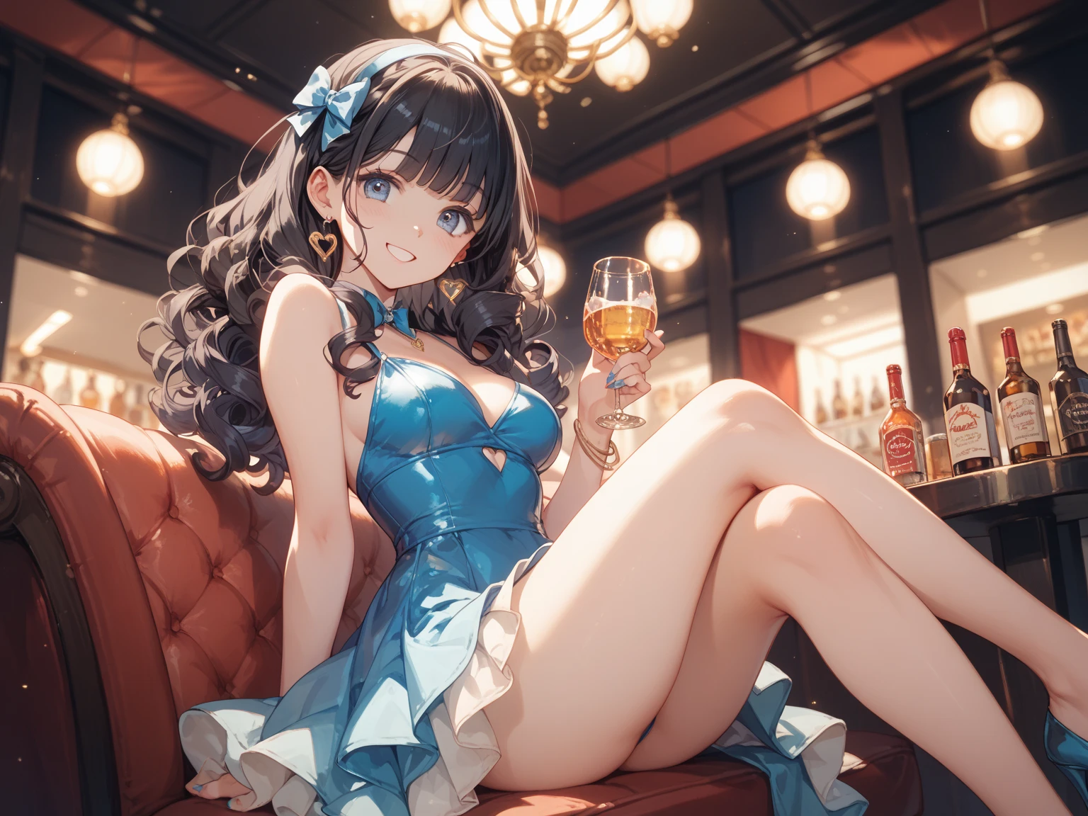 ((A sexy and beautiful woman holding a wine glass and looking at me on the terrace)), ((The cutest 22-year-old beauty)), Charming smile, ((Fireworks in the background) ), ((Very long hair) ), ((One piece with a lot of exposed parts)), ((Rich bust)), Gradient eyes, Seductive makeup, Single view, NFFSW, UHD, Retina, Masterpiece, Accurate, Anatomy Scientifically correct, textured skin, super detail, high detail, high quality, award winning, highest quality, high resolution, 1080P, HD, 4K, 8k, 16k