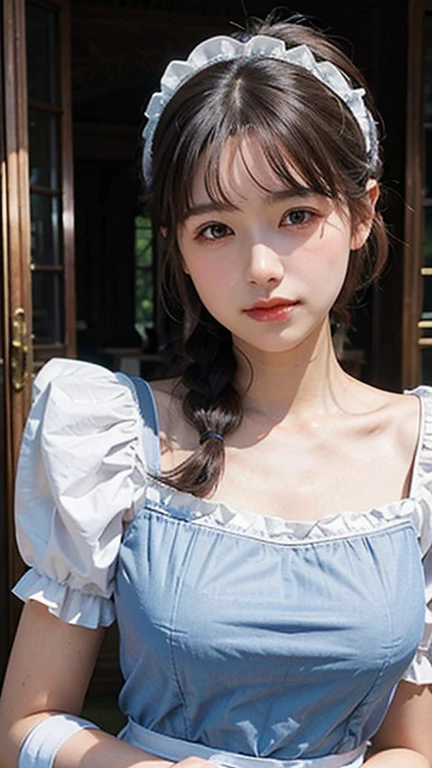Top quality, wearing ruffle dress blue, 35mm lens, f/1, cowboy shot, (white background: 1.3), flat chest, on bed