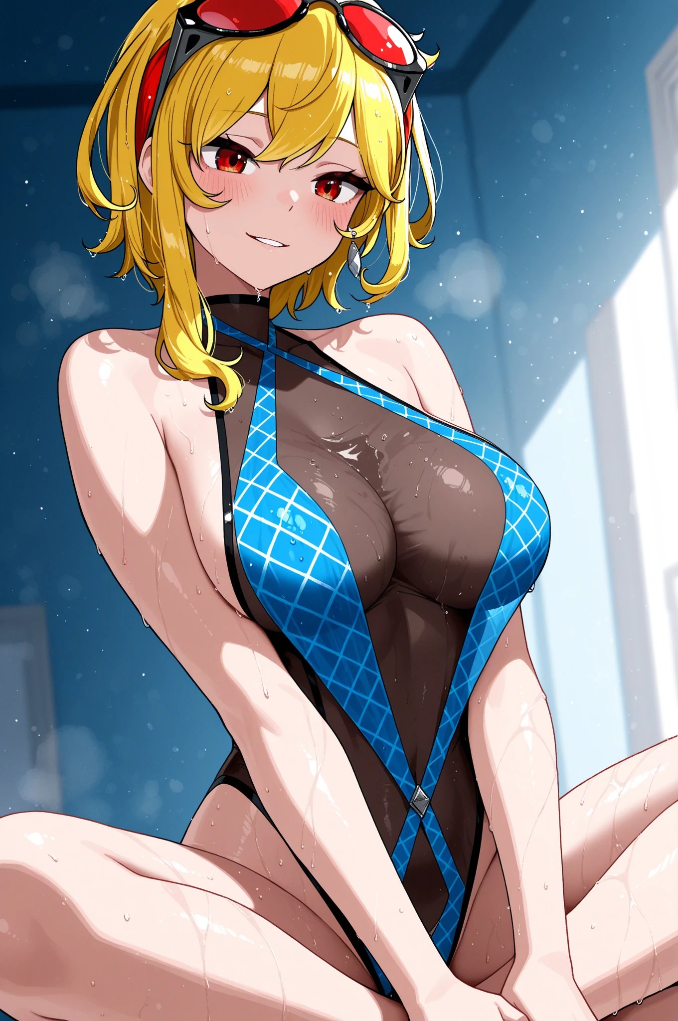 female, blonde short hair with purple trim, purple eyes, (((1girl))), (((light blue bunny suit))), (light blue bunny ears), (light blue heels), (black pantyhose), (glasses), (necklace with snowflake pendant), cute and sexy, full body, large breasts, large butt, long legs, smiling