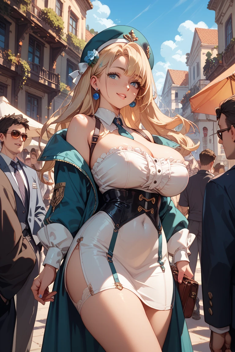 anime, ultra detailed, hyper detailed, best quality, highres, 4K, master piece, 1 female, 28-year-old, Navia, sexy lingerie, gigantic, huge breast, France city, crowded, accompanied by female bodyguards