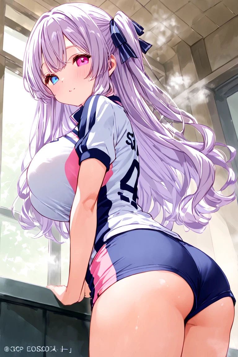 biwa hayahide \(umamusume\) in sexy mini shorts and sports bra, under rim glasses, crouched deadlifting with a bar with her back facing a gym mirror, sweating, High Resulution, UHD, detailed image.