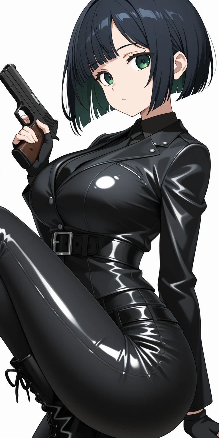 hinata hyuga, (8k, RAW photo, best quality, masterpiece:1.2), (intricate details), perfect eyes, perfect face, perfect lighting, beautiful, (masterpiece:1.2), (best quality:1.2), 1girl, , motorcycle girl , motorcycle , black leather jeans , black leather jacket , open jacket , ((black bra underneath , navel )), smile