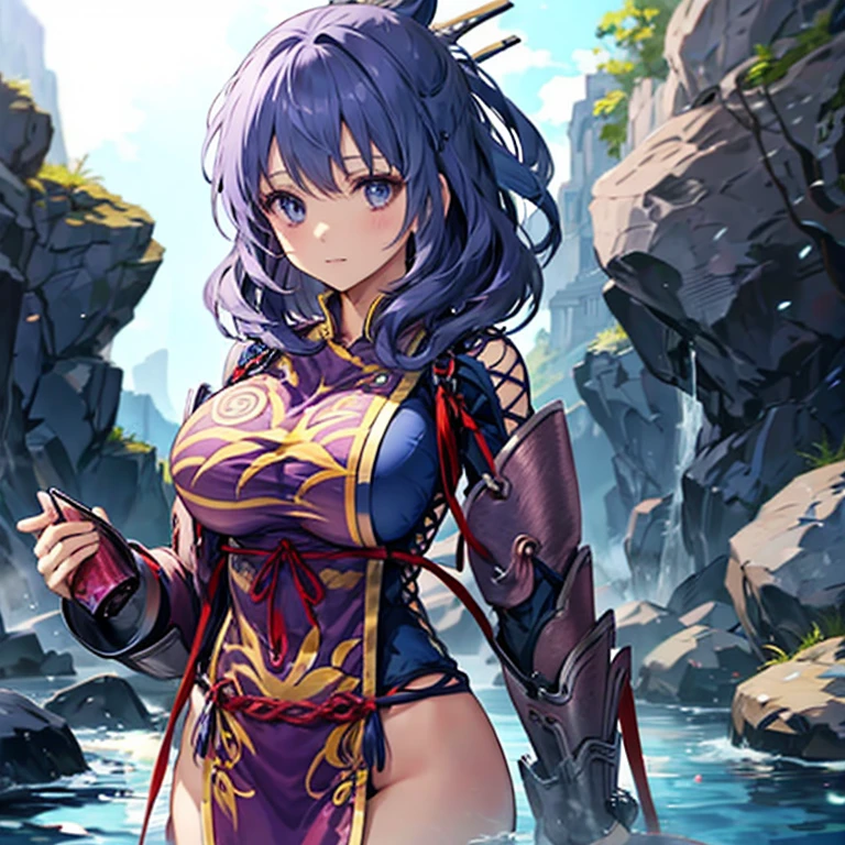 best quality, (masterpiece:1.2), illustration, absurdres,
(1girl), (solo), (beautiful detailed girl), cowboy shot,
<lora:Rixia-08:0.8>, Rixia Mao, dark purple hair, medium hair, purple eyes, huge breasts,
purple china dress, armored boots, thighhigh boots, thigh boots, armored gauntlet, pelvic_curtain,
magical forest, flowers, distant mountains, sky, clouds,