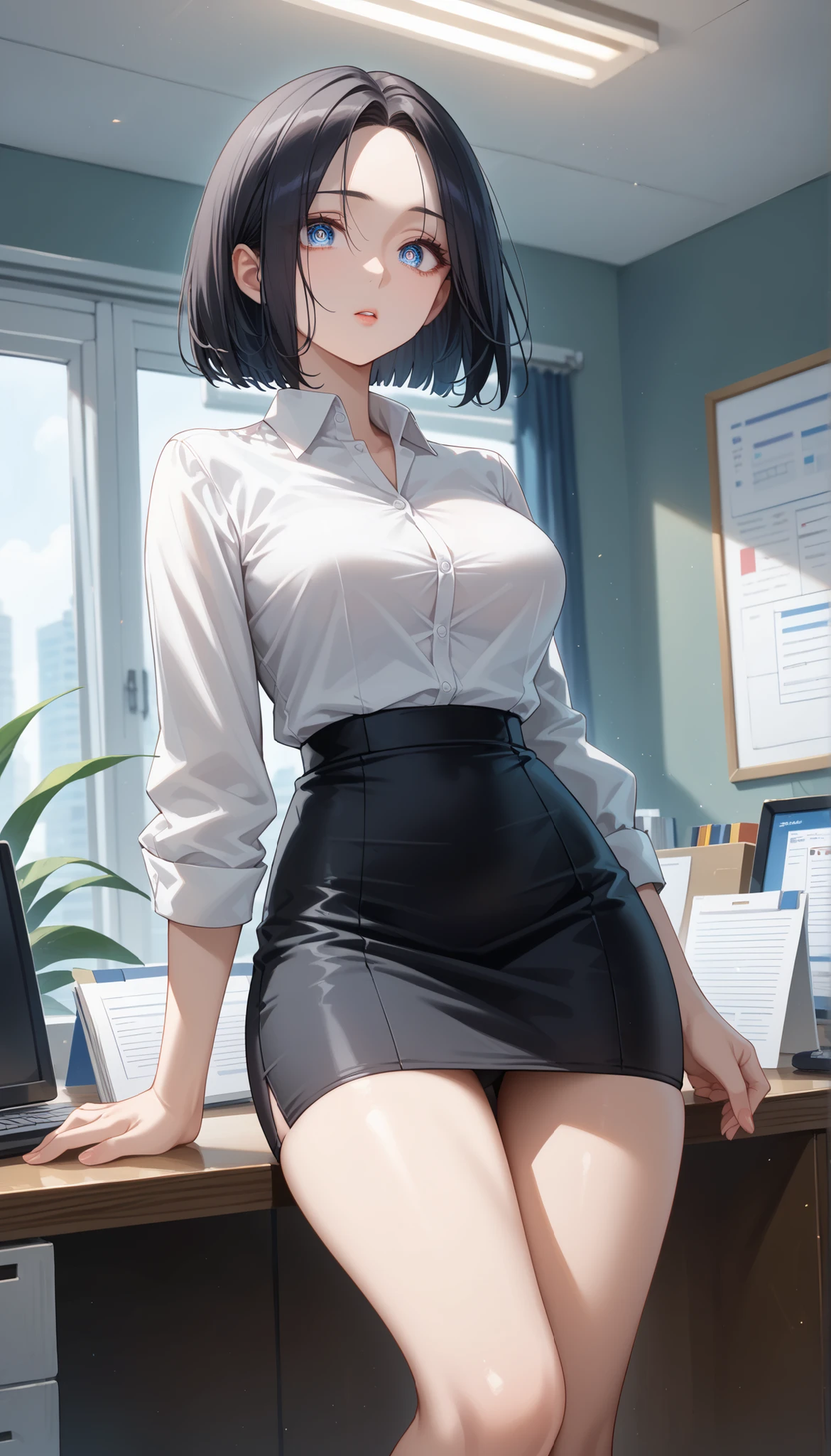 ultra-definition, ​masterpiece, 1girll, 40 yo, korean girl, soothing tones, muted colors, high contrast, (natural skin texture, hyperrealism, soft light, sharp), (((dynamic pose,sexy pose))), (very short_hair:1.2), dark brown hair, large chest, very thin waist, wide pelvis, medium hips, company conference room, office worker, secretary, Neatly worn white collared shirt, Long-sleeved shirt, Tuck the bottom of the shirt neatly into the skirt, (black pencil skirt, black long skirts), tight skirt, black stockings, a simple necklace, small watch on left wrist,