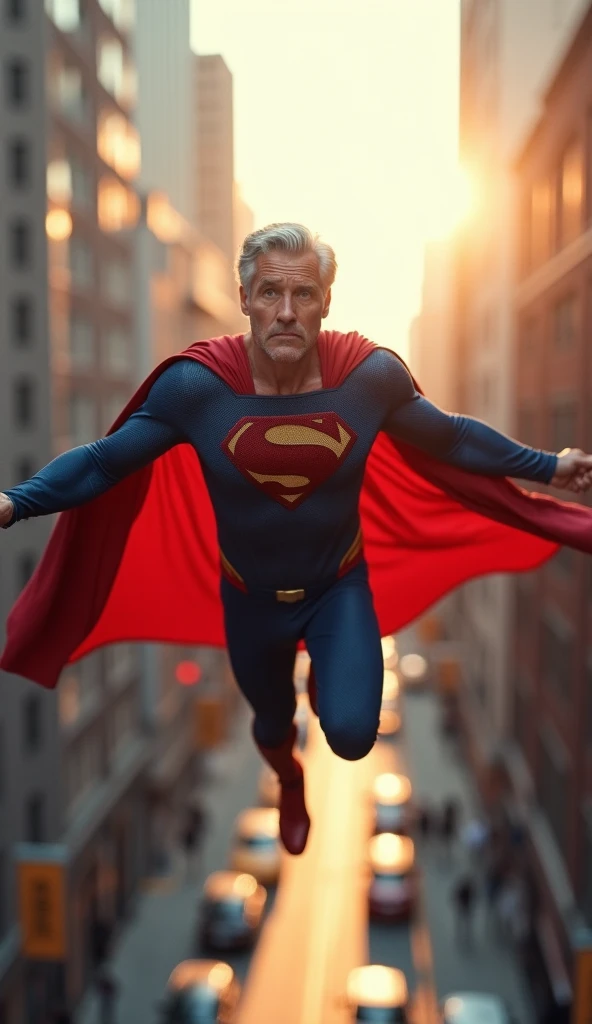 Superman, now with grey hair, posture is slightly hunched, fly slowly through a sky. his cape is tattered. Background: the sun rising in the distance. Narration: "Time waits for no one... not even legends."