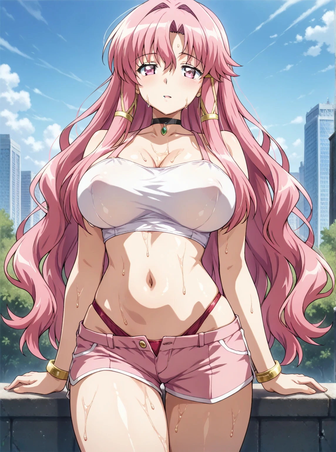 (Nsfw),Hayatakagi, Hajime Takagi, Long hair, bow ribbon, (Twin-tailed:1.3), (Brown eyes:1.5), Hair Ribbon, Pink hair, (eye glasses:1.3),,(looking at the viewers:1.3),BREAK (masutepiece:1.2), Best Quality, High resolution, Unity 8k Wallpaper, (Illustration:0.8), (Beautiful detailed eyes:1.6), extra detailed face, Perfect Lighting, extremely details CG, (Perfect hands, Perfect Anatomy),(the beach:1.3),Naughty big、thighs thighs thighs thighs、solo, very big breast, detailed nipples, deep cameltoe, barely spread legs, caderas anchas, ultra small g string thong, translucent stockings, perfect round detailed and realistic nipples, detailed vagina, daylight illuminated, masturbating, pink super ultra small lingerie, with an r15 rifle in one hand in erotic pose, looking from behind